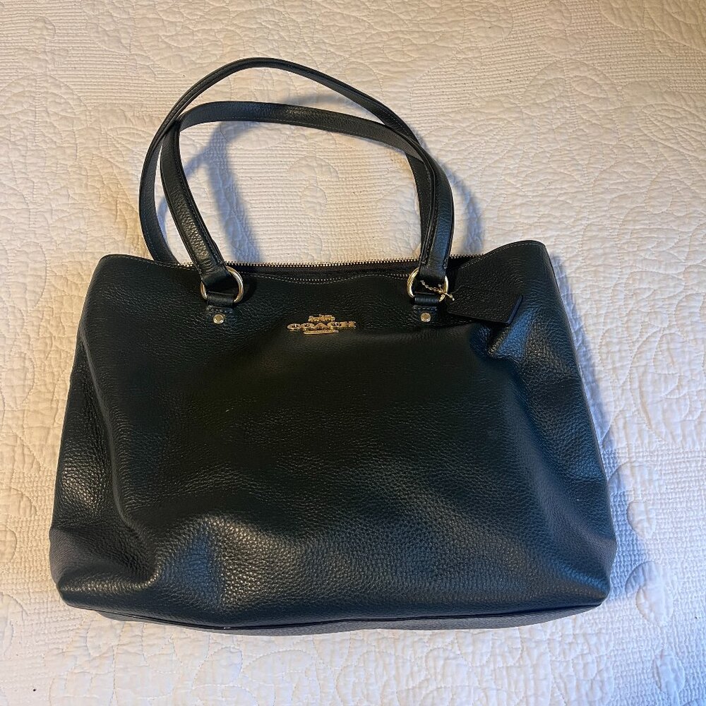 Coach Dark Green Pebbled Leather Tote Structured Work Handbag
